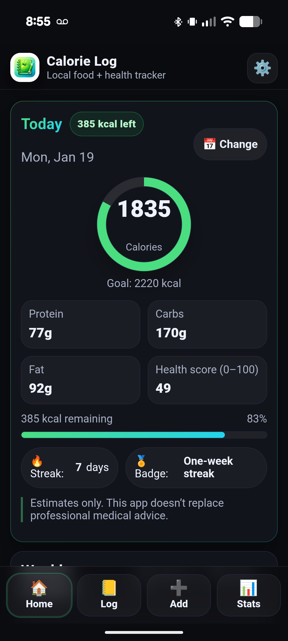 Calorie Log App Screenshot